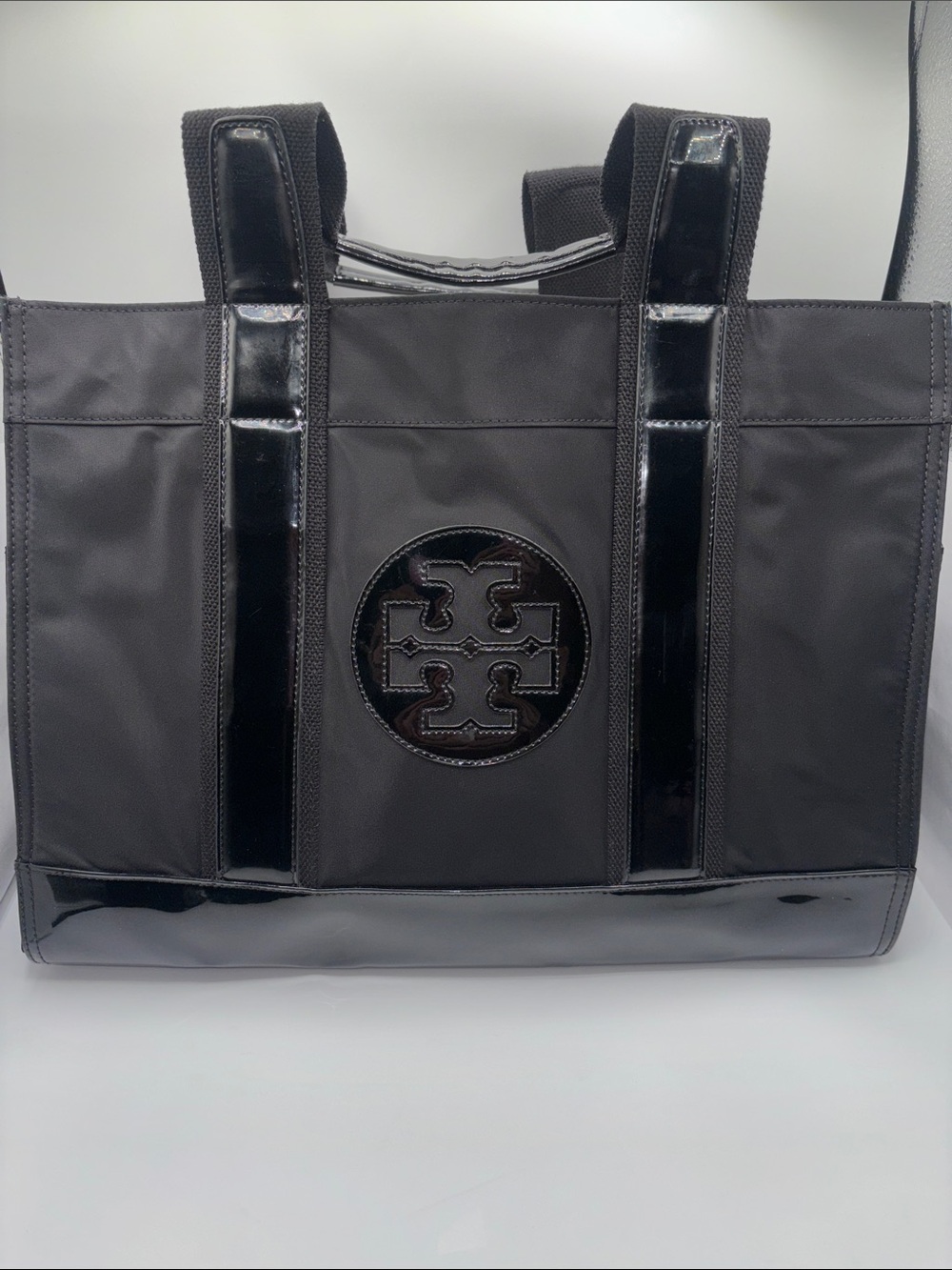 Tory Burch Large Black Canvas Tote with Patent Logo Trim